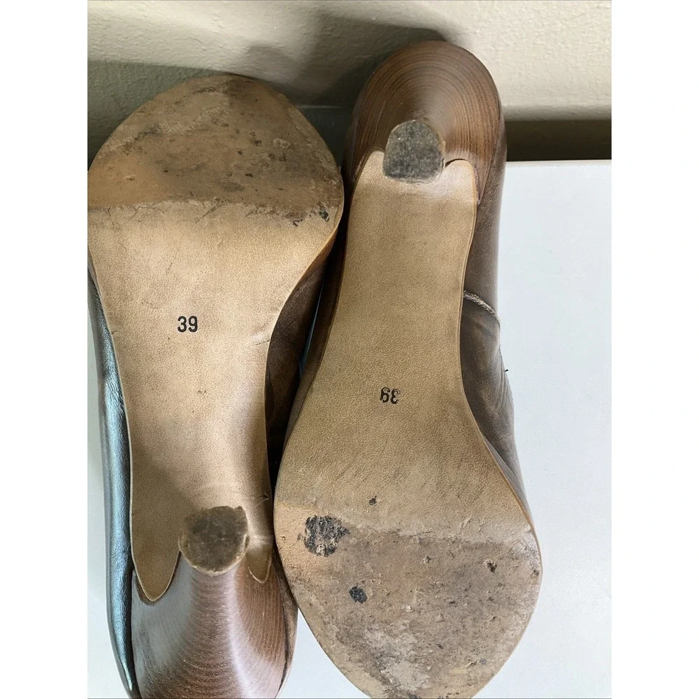 Jonak Paris Brown Leather Round Toe Block Platform Chunky Heels Retro Y2K 39 / 8